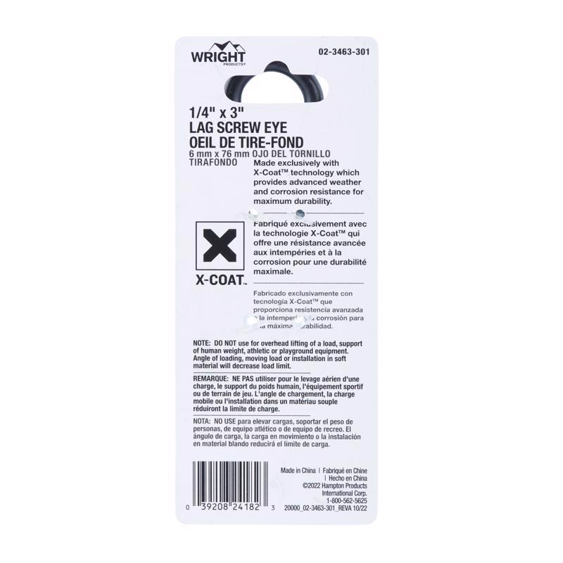 Wright 1/4 in. D X 3 in. L Black Steel Lag Screw Eye 150 lb 1 pk