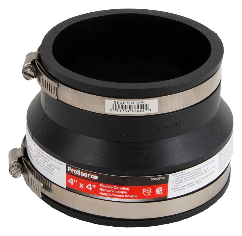 ProSource KJ-001 Coupling, 4 x 4 in, Clay to Cast Iron or Plastic Pipes, PVC, Black