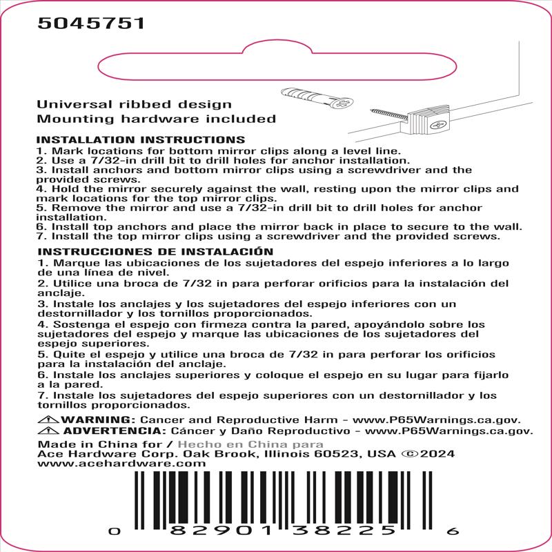 Ace Crystalline Clear Mirror Holder Clip 20 lb 6 pk
