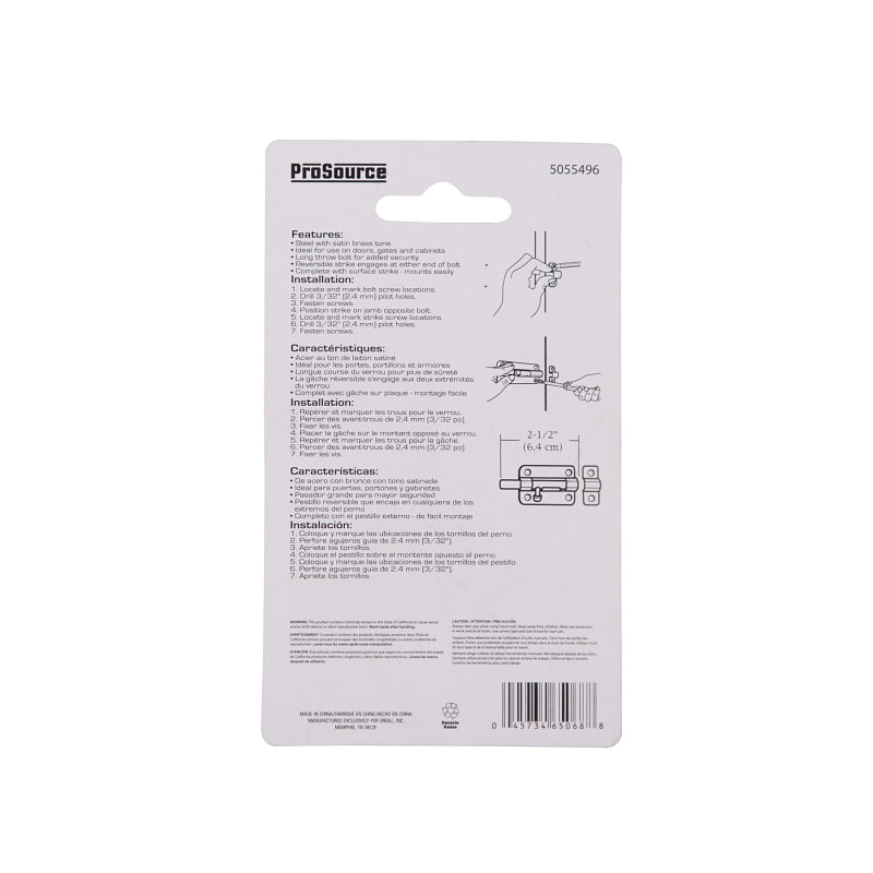 ProSource 20484CZB-PS Barrel Bolt, 0.31 Dia in Bolt Head, 2-1/2 in L Bolt, Steel, Satin Brass