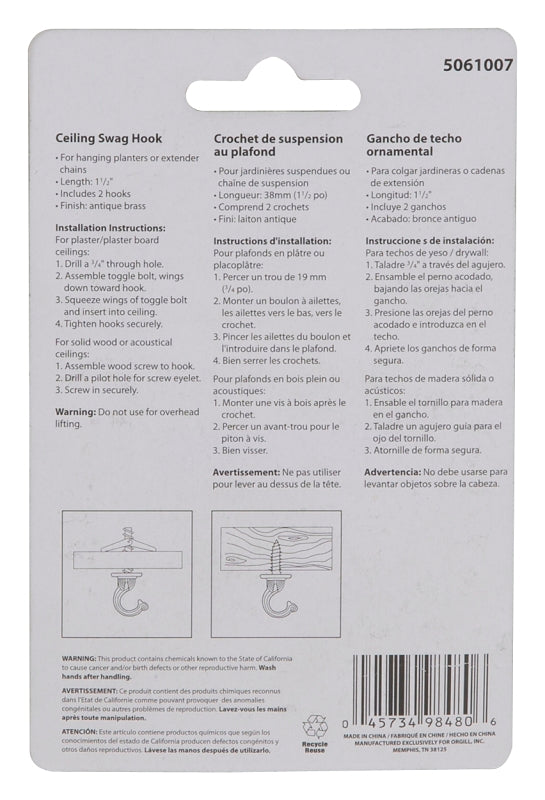 Landscapers Select GB0403L Ceiling Hook, 1.5 in L, Zinc Alloy, Antique Brass, Wall Mount Mounting