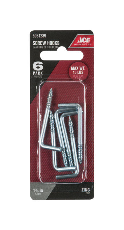 Ace Small Zinc-Plated Silver Steel 1.8125 in. L Square Bend Screw Hook 15 lb 6 pk, Pack of 5