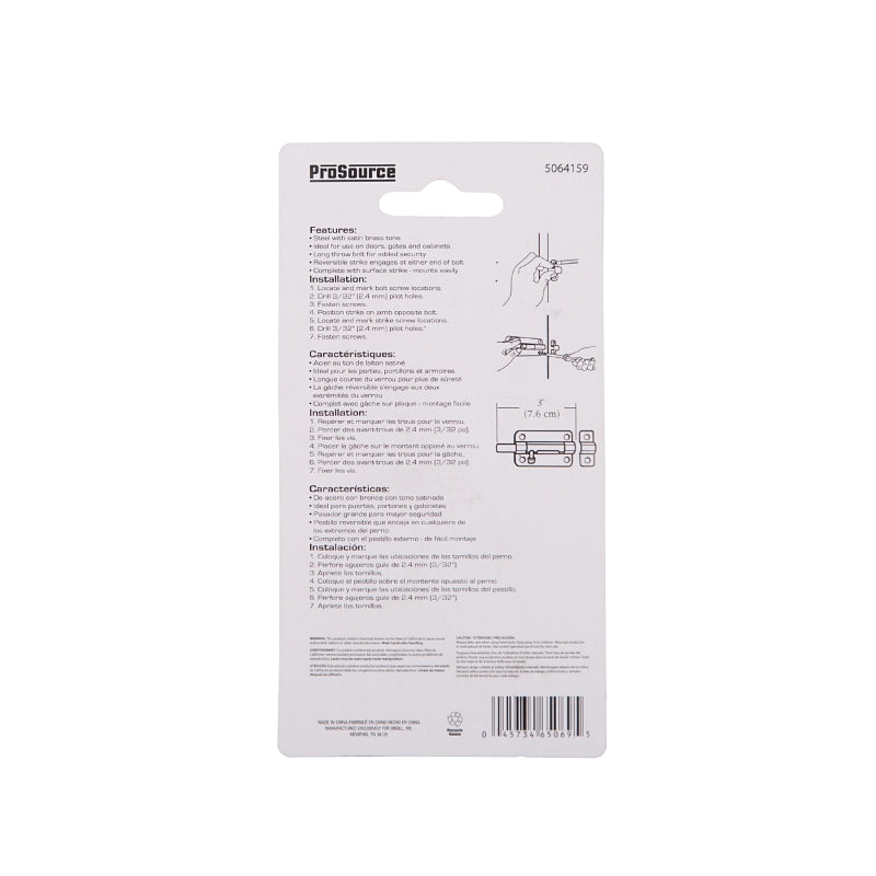 ProSource 20485CZB-PS Barrel Bolt, 0.31 Dia in Bolt Head, 3 in L Bolt, Steel, Satin Brass