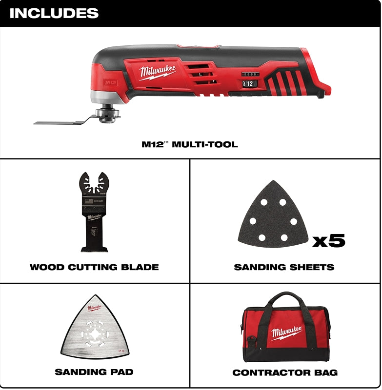 Milwaukee M12 2426-20 Multi-Tool, Tool Only, 12 V, 1.4 Ah, 5000 to 20,000 opm, Variable-Speed Trigger Control