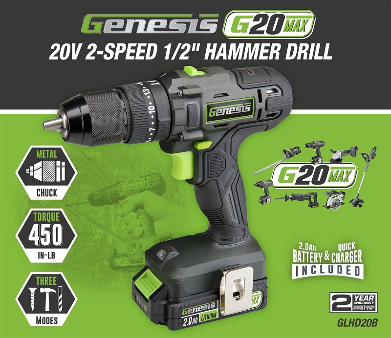 Genesis G20 Max GLHD20B Hammer Drill, Battery Included, 20 V, 2 Ah, 1/2 in Chuck, Ratcheting Chuck