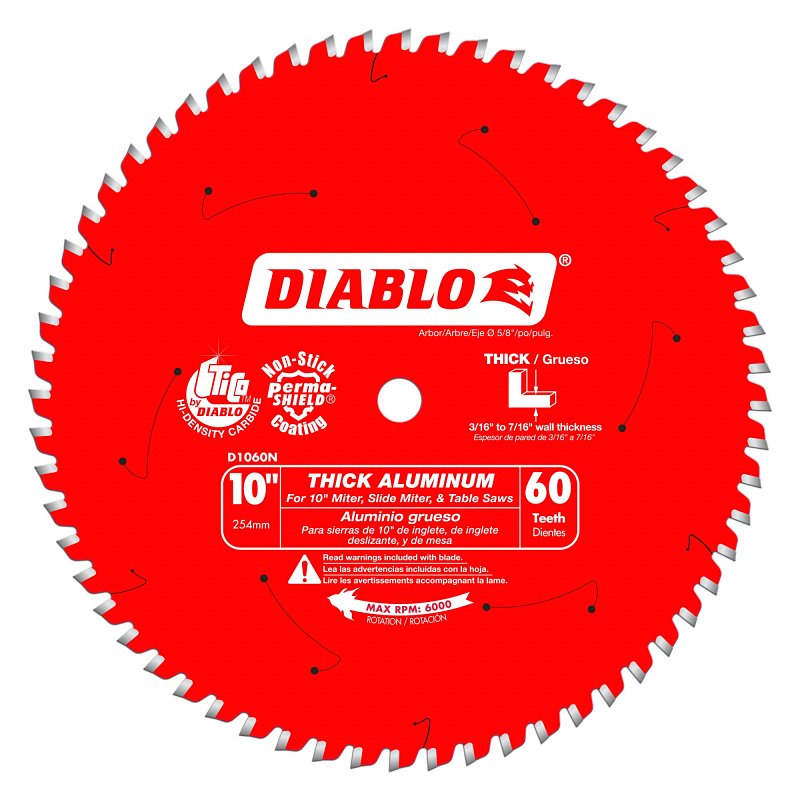 Diablo D1060N Circular Saw Blade, 10 in Dia, 5/8 in Arbor, 60-Teeth, Triple Chip Grind Teeth, Carbide Cutting Edge