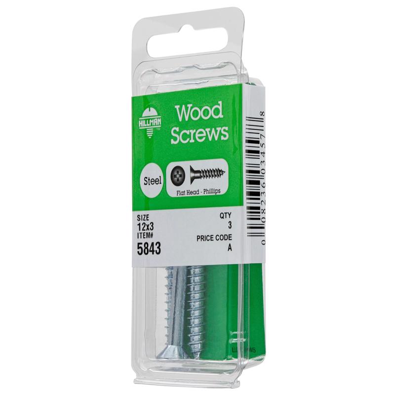HILLMAN No. 12 X 3 in. L Phillips Zinc-Plated Coarse Wood Screws 3 pk, Pack of 10