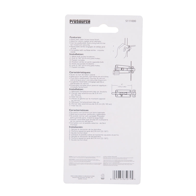 ProSource BH-101-PS Lockable Barrel Bolt, 0.31 Dia in Bolt Head, 4 in L Bolt, Steel, Satin Brass
