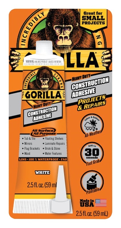 Gorilla 8020002 Construction Adhesive, White, 2.5 oz