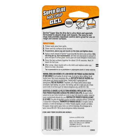 Gorilla 109804 No Drip Super Glue, Gel, Clear, 15 g Tube