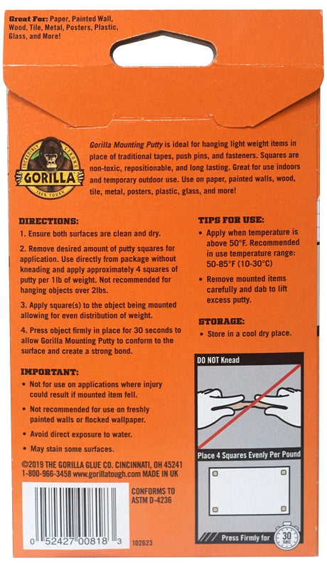 Gorilla 102745 Mounting Putty, Gray, 2 oz, Pack of 8