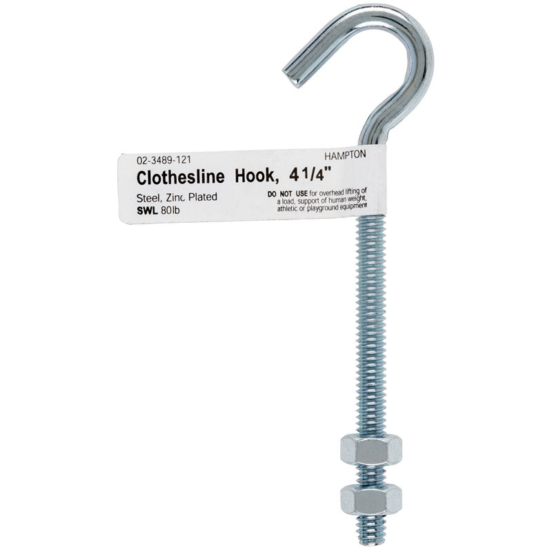 Hampton Small Zinc-Plated Silver Steel 4 in. L Clothesline Bolt Hook 80 lb 1 pk, Pack of 10
