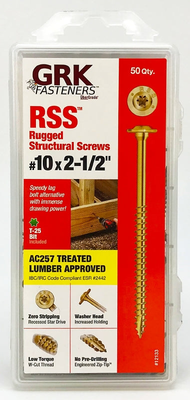 GRK Fasteners RSS 12133 Structural Screw, #10 Thread, 2-1/2 in L, Washer Head, Star Drive, Steel, 50 PK
