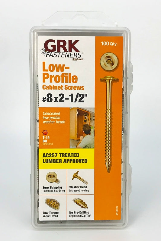 GRK Fasteners 113079 Cabinet Screw, #8 Thread, 2-1/2 in L, W-Cut Thread, Low-Profile, Washer Head, Star Drive, Steel