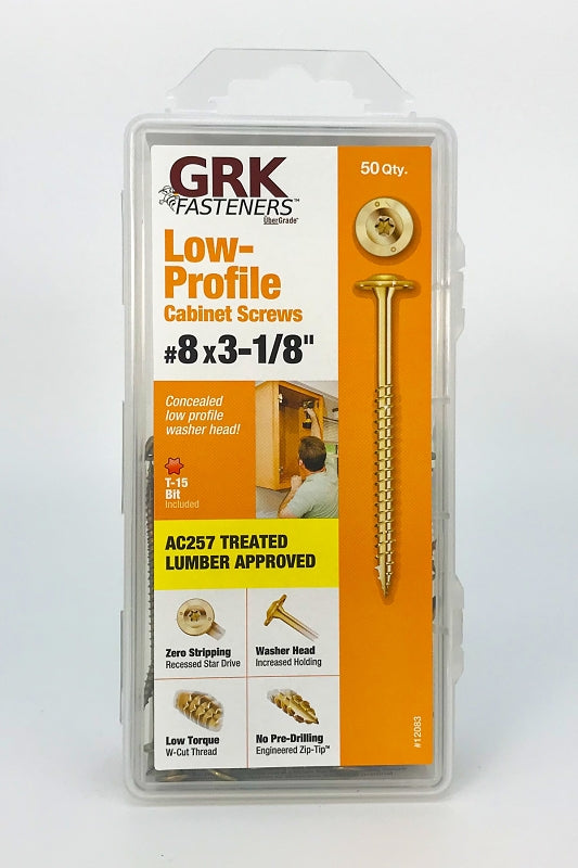 GRK Fasteners 12083 Cabinet Screw, #8 Thread, 3-1/8 in L, Coarse Thread, Washer Head, Star Drive, Steel, Yellow Zinc