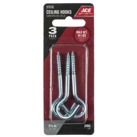 Ace Small Silver Steel 2.4375 in. L Ceiling Hook 45 lb 3 pk, Pack of 5