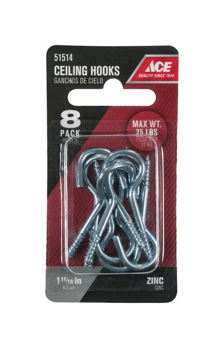 Ace Small Zinc-Plated Silver Steel 1.6875 in. L Ceiling Hook 25 lb 8 pk, Pack of 5