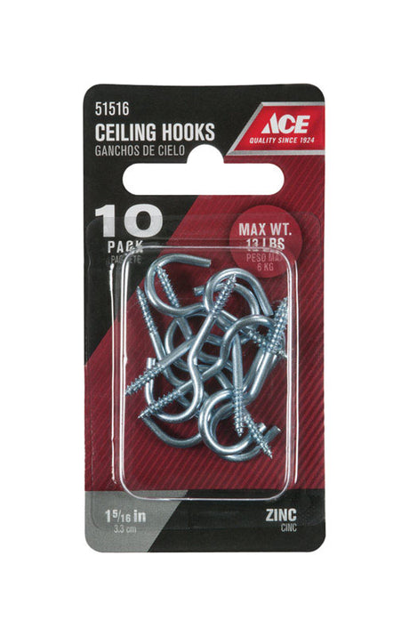 Ace Small Zinc-Plated Silver Steel 1.3125 in. L Ceiling Hook 13 lb 10 pk, Pack of 5
