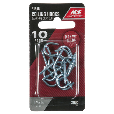 Ace Small Zinc-Plated Silver Steel 1.3125 in. L Ceiling Hook 13 lb 10 pk, Pack of 5