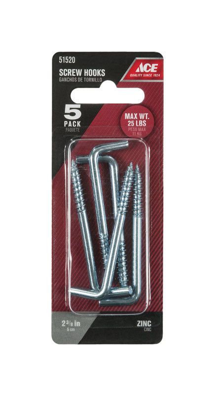 Ace Small Zinc-Plated Silver Steel 2.375 in. L Square Bend Screw Hook 25 lb 6 pk, Pack of 5