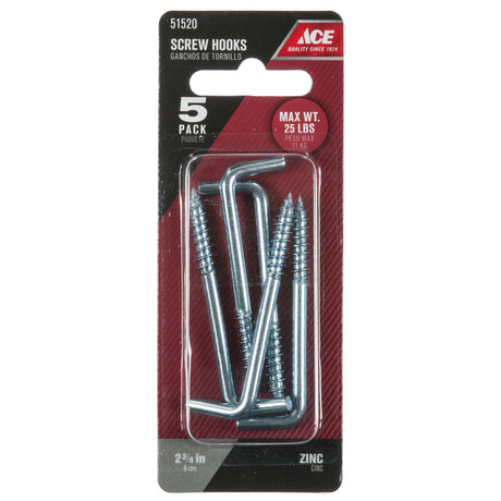Ace Small Zinc-Plated Silver Steel 2.375 in. L Square Bend Screw Hook 25 lb 6 pk, Pack of 5