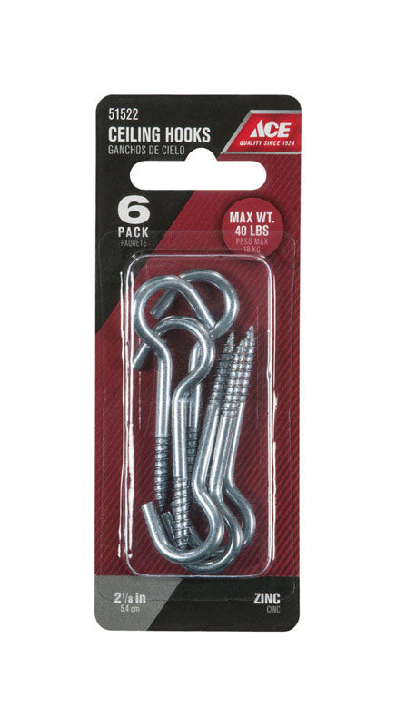 Ace Medium Zinc-Plated Silver Steel 2-1/8 in. L Ceiling Hook 40 lb 6 pk, Pack of 5