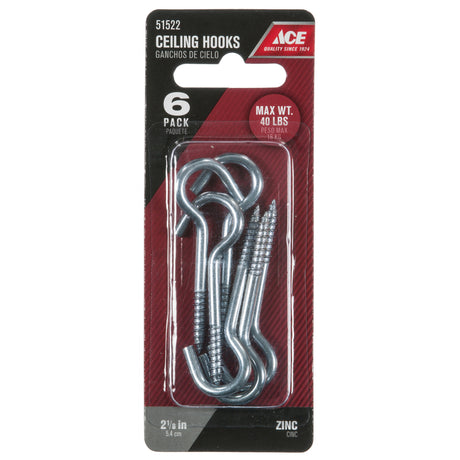 Ace Medium Zinc-Plated Silver Steel 2-1/8 in. L Ceiling Hook 40 lb 6 pk, Pack of 5
