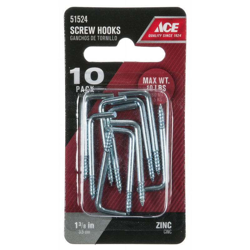 Ace Small Zinc-Plated Silver Steel 1.375 in. L Square Bend Screw Hook 10 lb 10 pk, Pack of 5