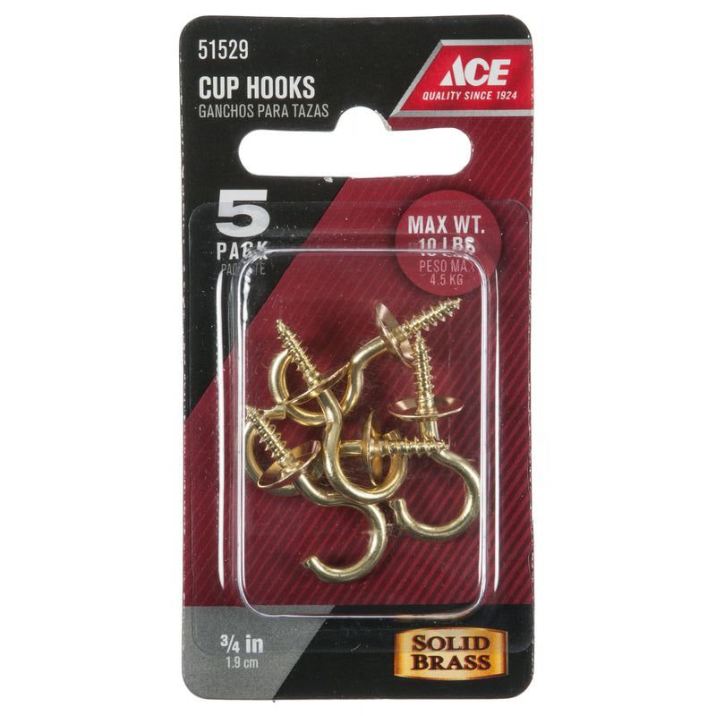 Ace Medium Polished Brass Green Brass 1.125 in. L Cup Hook 10 lb 5 pk, Pack of 5