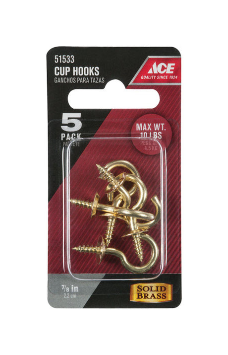 Ace Small Polished Brass Green Brass 1.25 in. L Cup Hook 10 lb 5 pk, Pack of 5