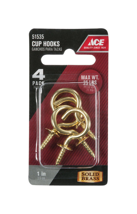 Ace Medium Polished Brass Green Brass 1.5 in. L Cup Hook 25 lb 4 pk, Pack of 5