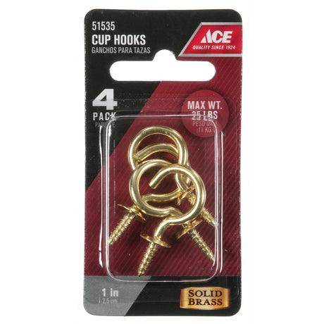 Ace Medium Polished Brass Green Brass 1.5 in. L Cup Hook 25 lb 4 pk, Pack of 5