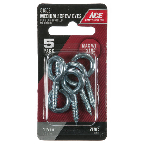 Ace 3/16 in. D X 1-1/2 in. L Zinc-Plated Steel Screw Eye 75 lb. cap. 5 pk, Pack of 5