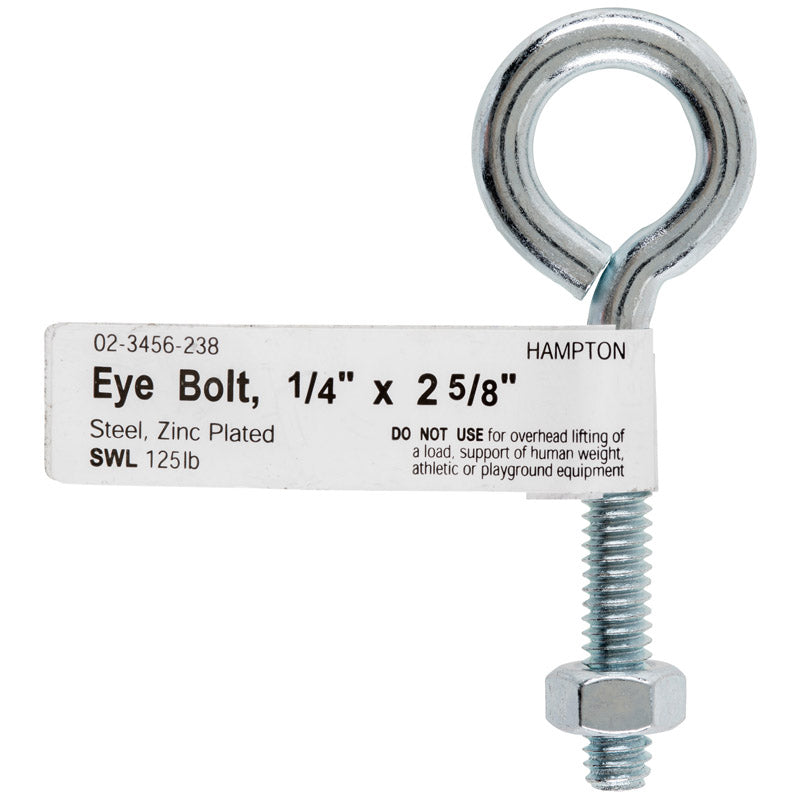 Hampton 1/4 in. X 2-5/8 in. L Zinc-Plated Steel Eyebolt Nut Included, Pack of 10