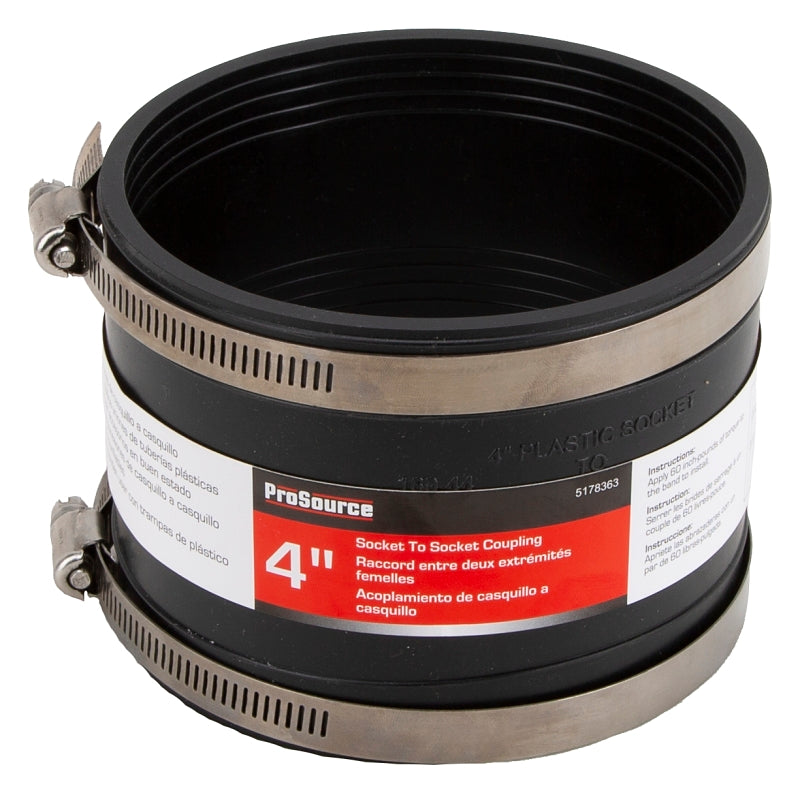 ProSource KJ-007 Coupling, 4 in, Socket to Socket Coupling, PVC, Black