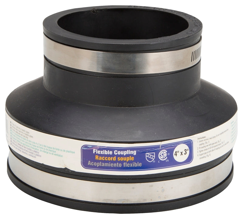 ProSource KJ-008 Coupling, 4 x 3 in, Clay to cast iron or plastic pipes, PVC, Black