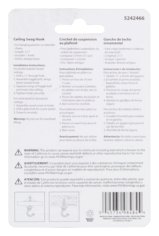 Landscapers Select GB0073L Ceiling Hook, 2.5 in L, Zinc Alloy, Antique Brass, Wall Mount Mounting