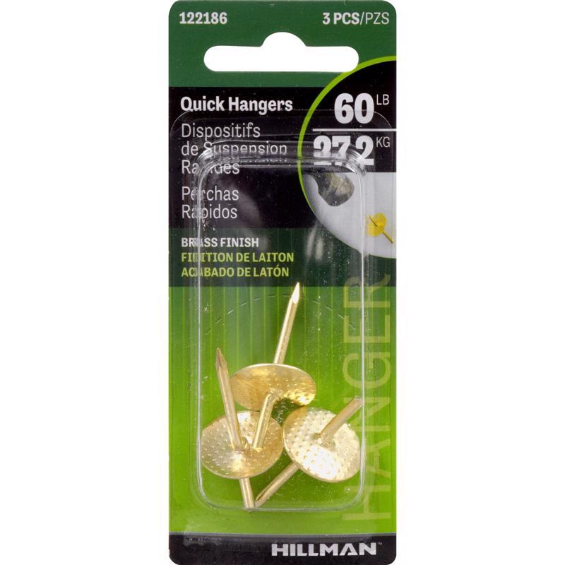 HILLMAN Brass-Plated Gold One Piece Quick Hanger 60 lb 3 pc, Pack of 10