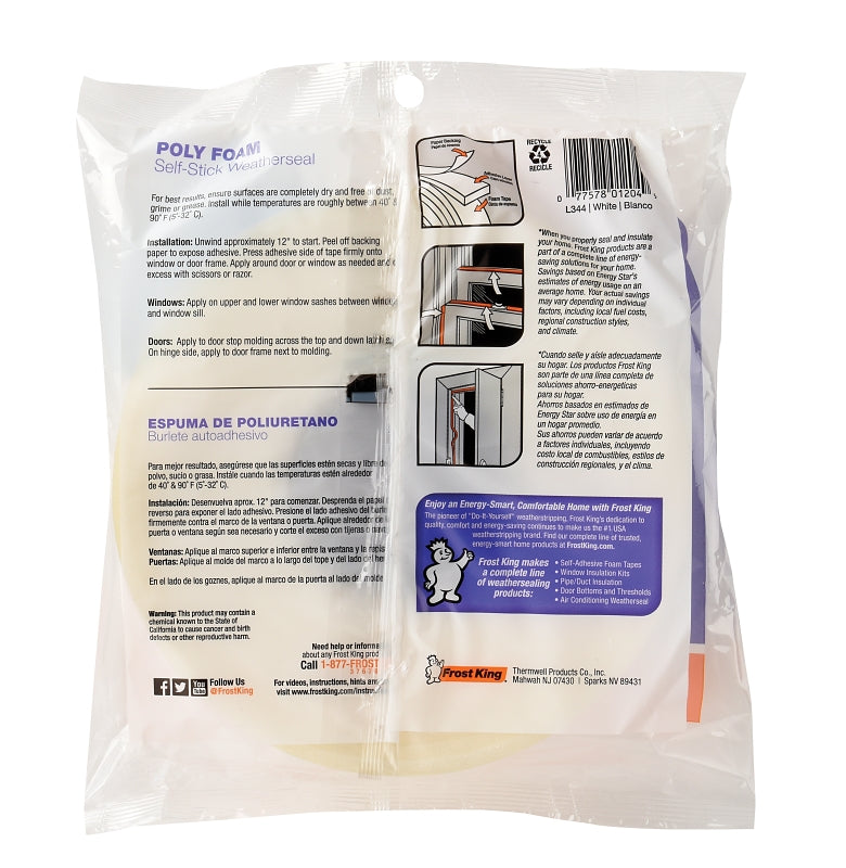 Frost King L344H Foam Tape, 1-1/2 in W, 17 ft L, 1/4 in Thick, Polyfoam, White