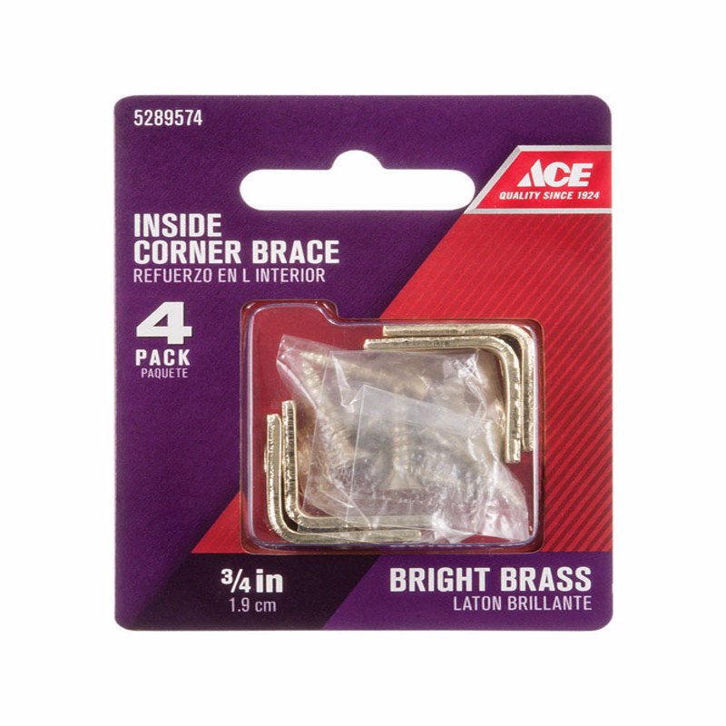 Ace 3/4 in. H X 1/2 in. W X 3/4 in. D Brass Inside L Corner Brace, Pack of 5