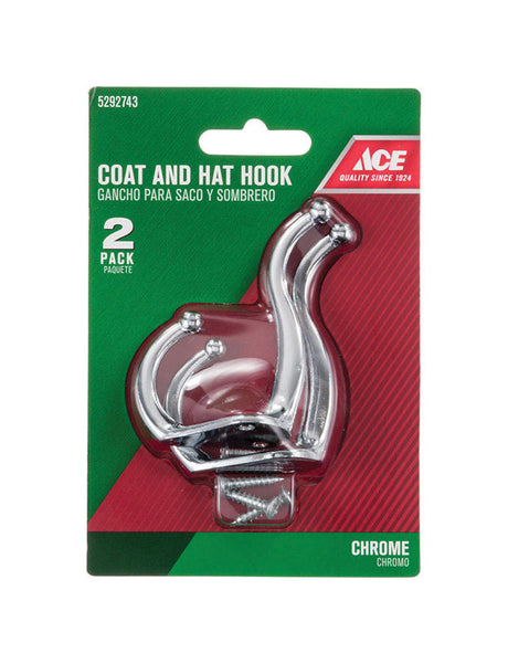 Ace 3 in. L Chrome Silver Metal Small Coat and Hat Hook 2 pk, Pack of 5