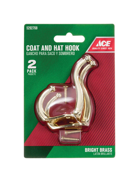 Ace 3 in. L Bright Brass Gold Brass Small Coat and Hat Hook 2 pk, Pack of 5