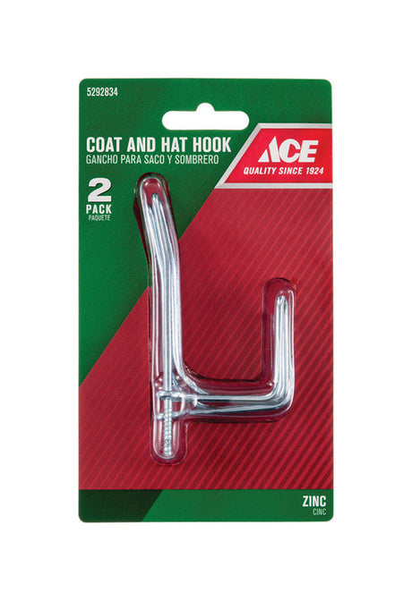 Ace 3-1/4 in. L Zinc-Plated Metal Medium Coat and Hat Garment Hook 35 lb. per Hook lb. cap. 2 pk, Pack of 5