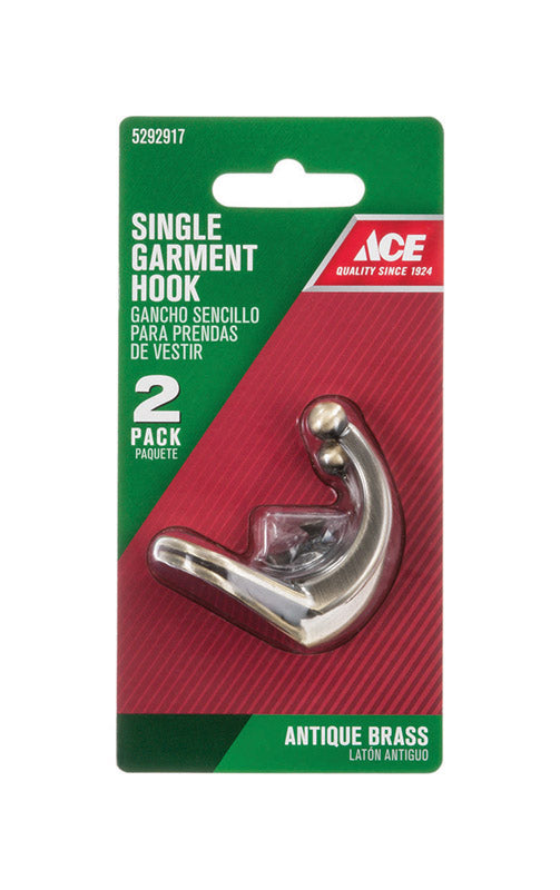 Ace 1-3/4 in. L Antique Brass Gold Brass Small Single Garment Hook 2 pk, Pack of 5