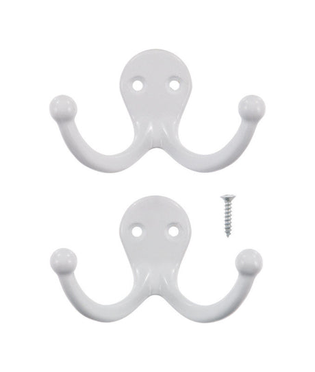 Ace 1-3/4 in. L Painted White Metal Small Double Garment Hook 2 pk, Pack of 5