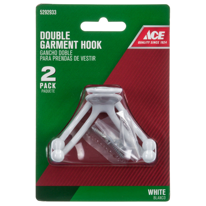Ace 1-3/4 in. L Painted White Metal Small Double Garment Hook 2 pk, Pack of 5