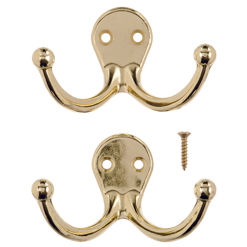 Ace 1-3/4 in. L Bright Brass Yellow Brass Small Double Garment Hook 2 pk, Pack of 5