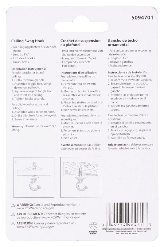 Landscapers Select GB0093L Ceiling Hook, 2-3/16 in H, Zinc, White, Ceiling Mount Mounting