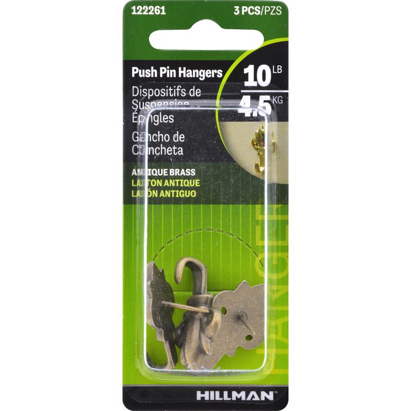 HILLMAN Antique Brass Push Pin Picture Hanger 10 lb 3 pk, Pack of 10