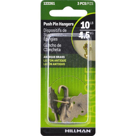 HILLMAN Antique Brass Push Pin Picture Hanger 10 lb 3 pk, Pack of 10